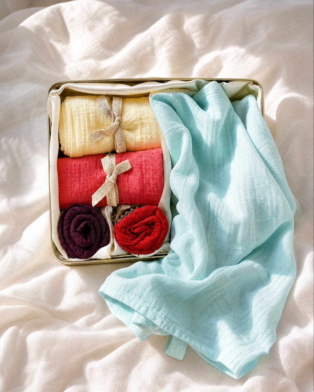 The Crown Case, a White Flowerr keepsake gifting tin with cotton muslin face, hand and bath towels