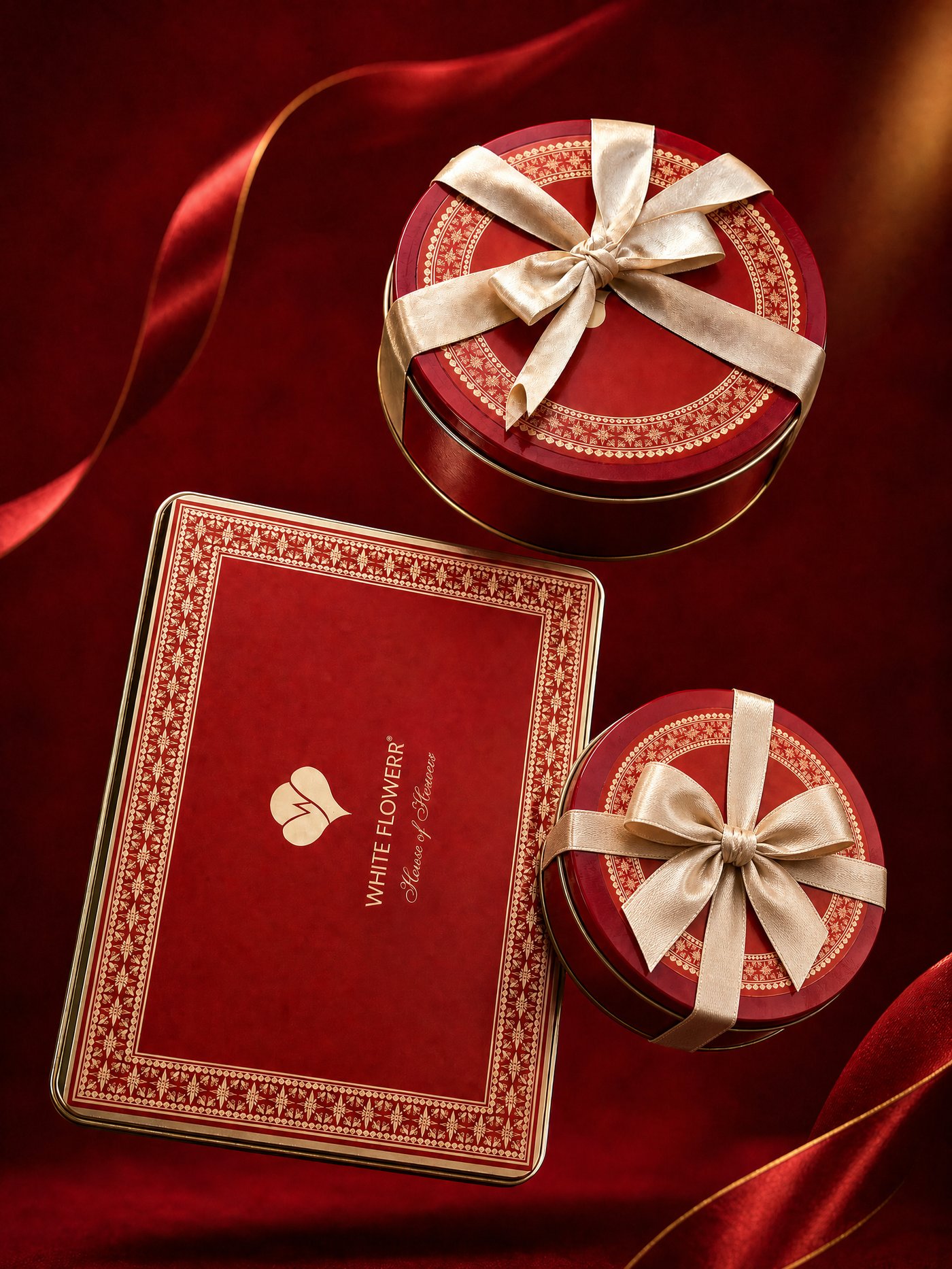 White Flowerr keepsake gifting tins, ribbon-tied, on a red velvet backdrop