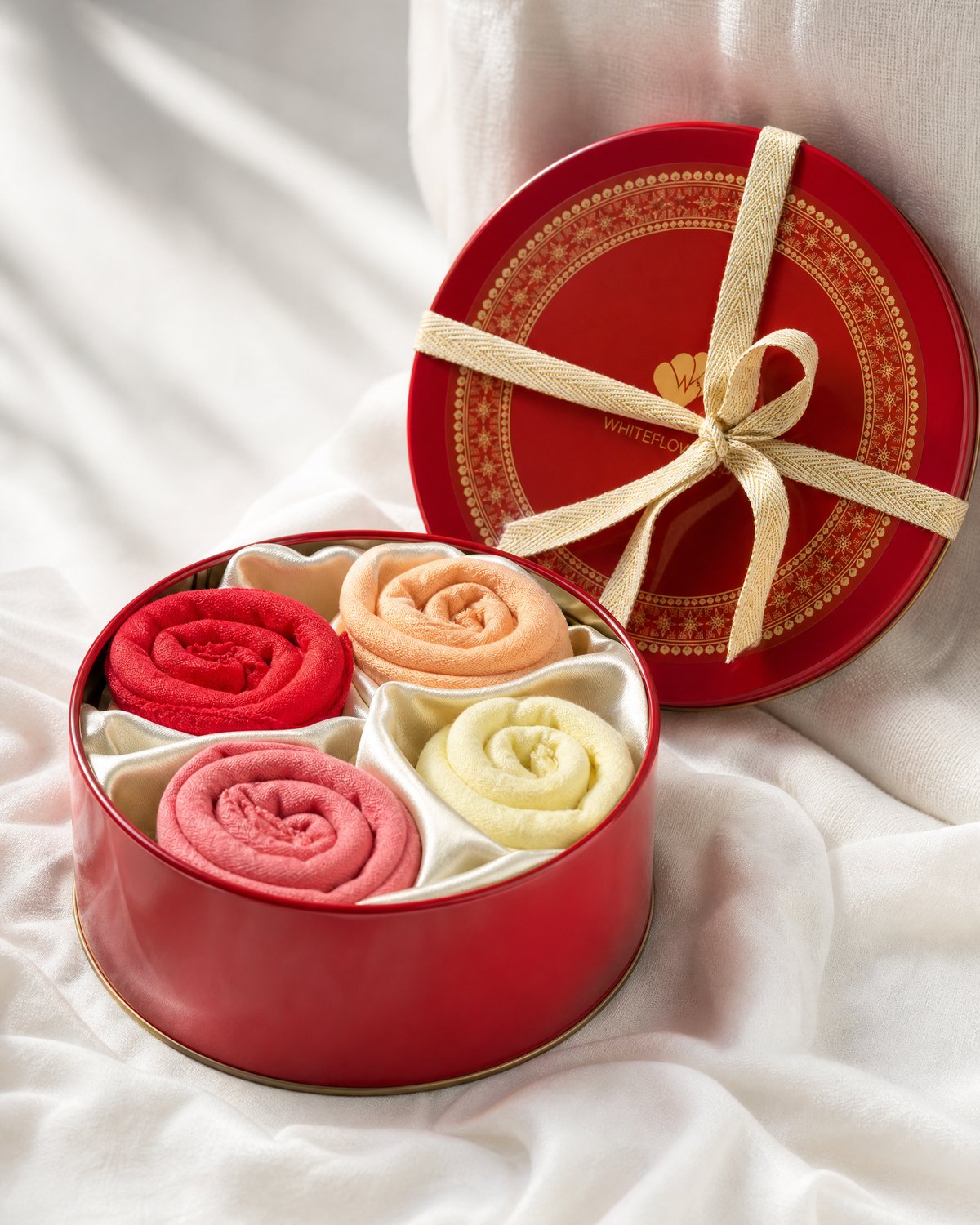 The Signature Case, a White Flowerr keepsake gifting tin with four rolled cotton muslin towels