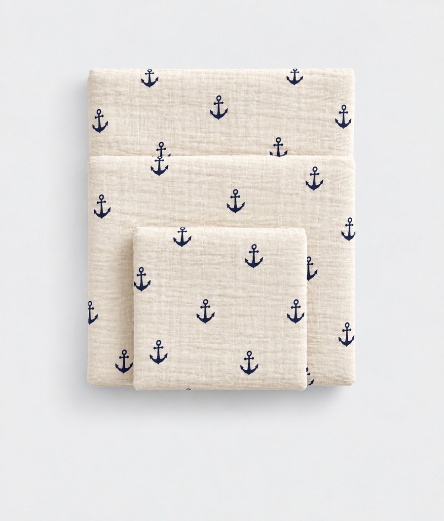 Deep Sea cotton muslin towel set, folded