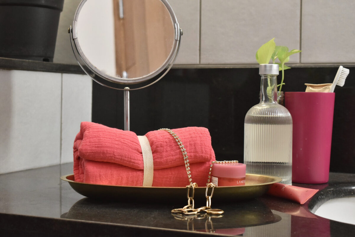 White Flowerr cotton muslin towel on vanity